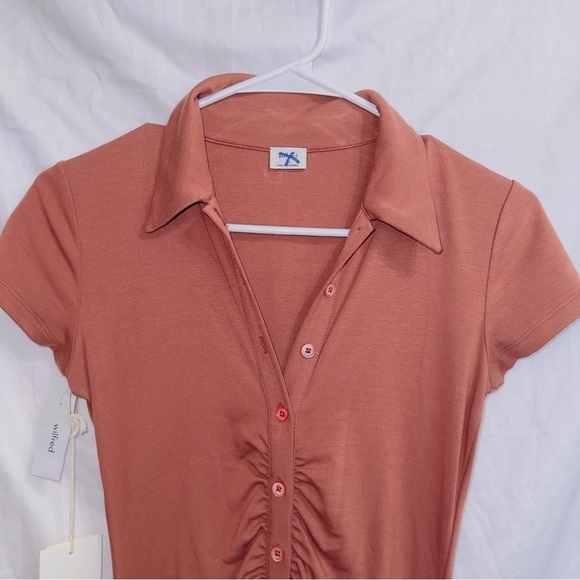Wilfred NWT Short Sleeve Button Front Ruched Visit Shirt Dress in Mocha Sorbet - Picture 4 of 7